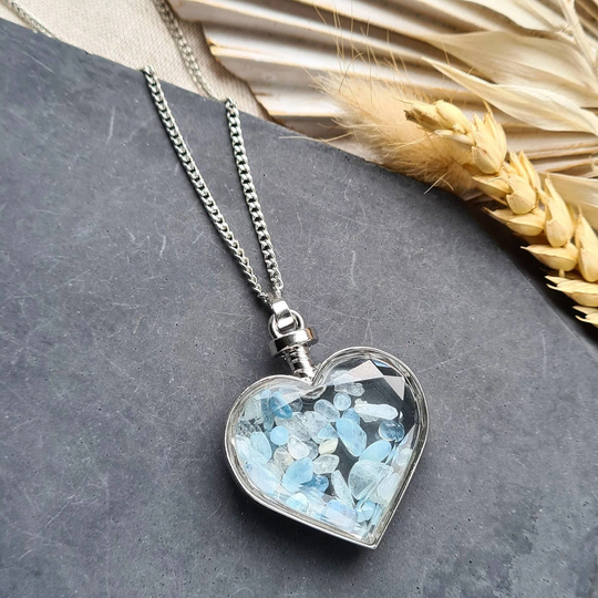 Aquamarine Shaker Necklace, Heart Gemstone Crystal Locket Pendant, Bohemian Boho Jewellery, Valentine's Gift For Loved One Her