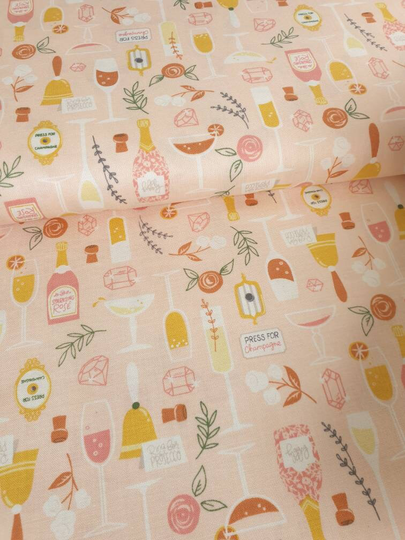 Prosecco Party, Champagne Wine Glasses 100% Cotton Fabric Camelot Fabrics | By Half Meter, Meter Pink, Peach UK Seller