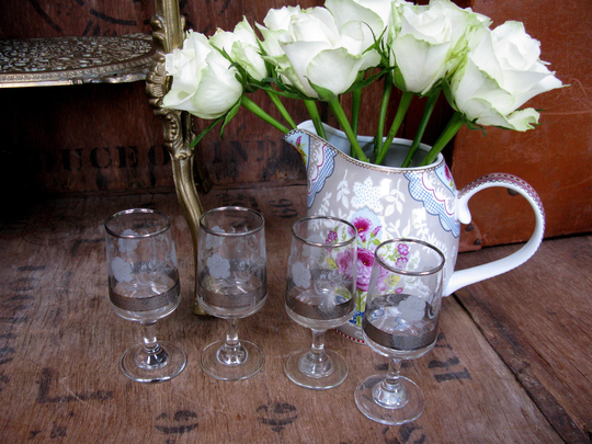 Set Of Four Glasses, Liqueur Stem Glass, Sherry Floral Engraved Celtic