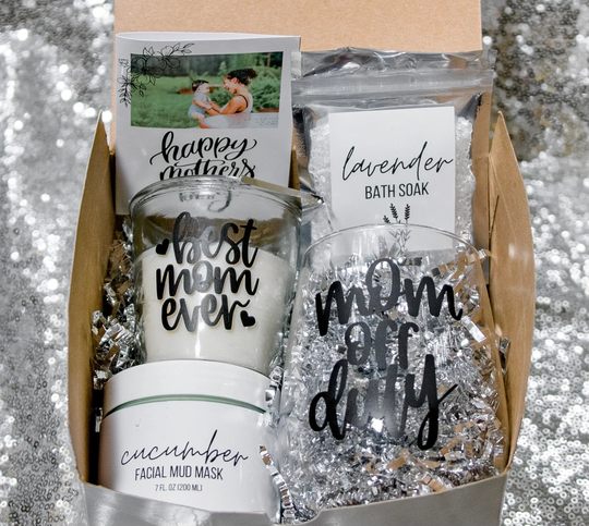 Personalized Mother's Day Gift Basket - Custom For Mom Wine Glass Spa Set Card Bath Soak Candle World's Best