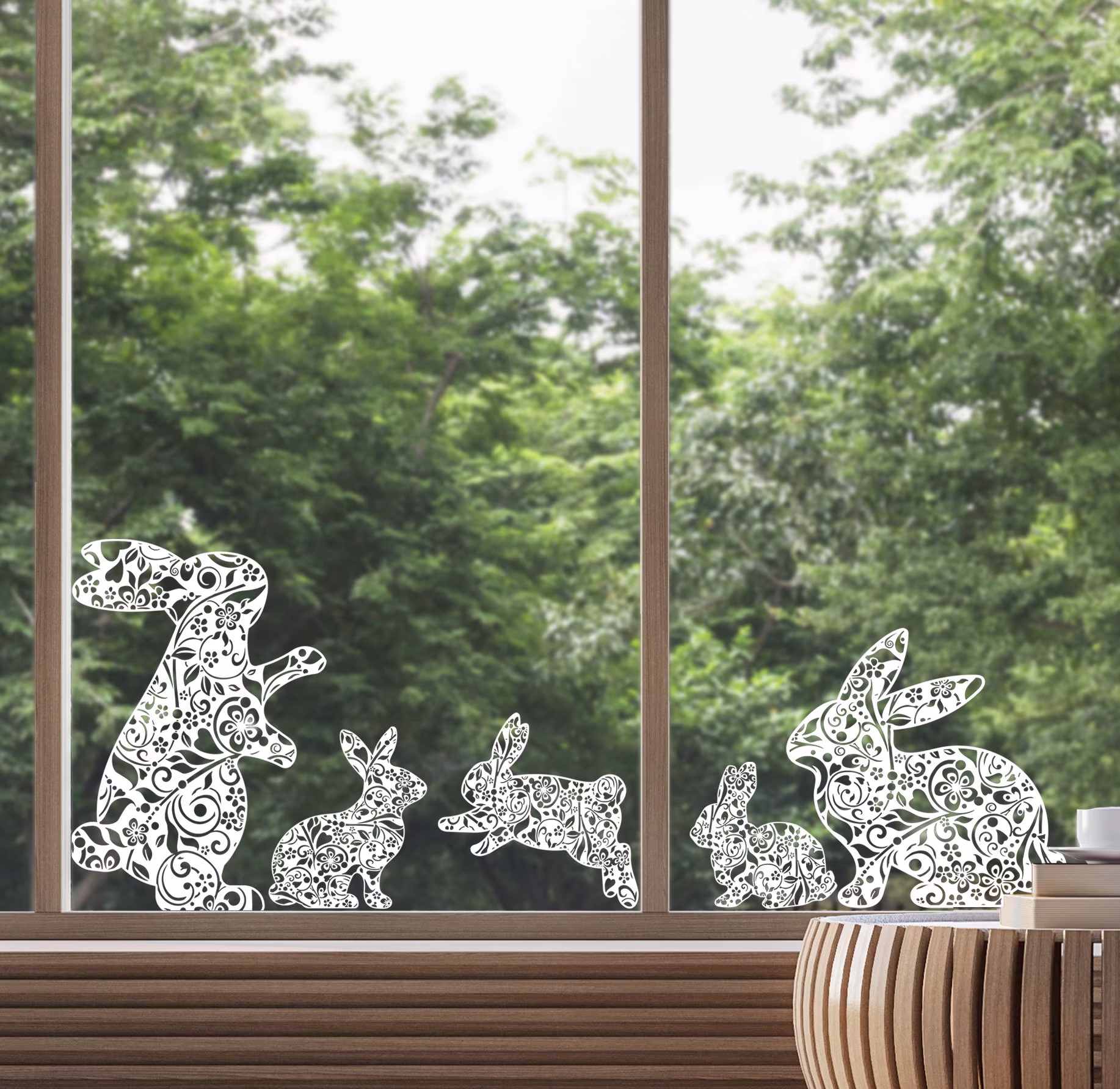 5x Bunny Window Stickers | Non Sticky Spring Easter Cling White Floral Rabbit Decals By Dizzy Duck