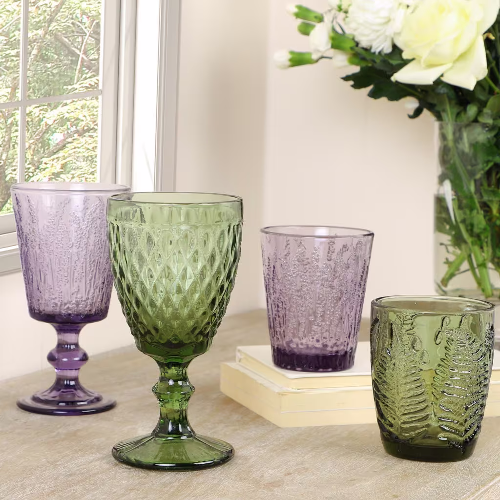 Mix & Match Glassware Set Purple & Green Embossed Wine Goblets Tumbler Glasses Dishwasher Safe Daily Dining