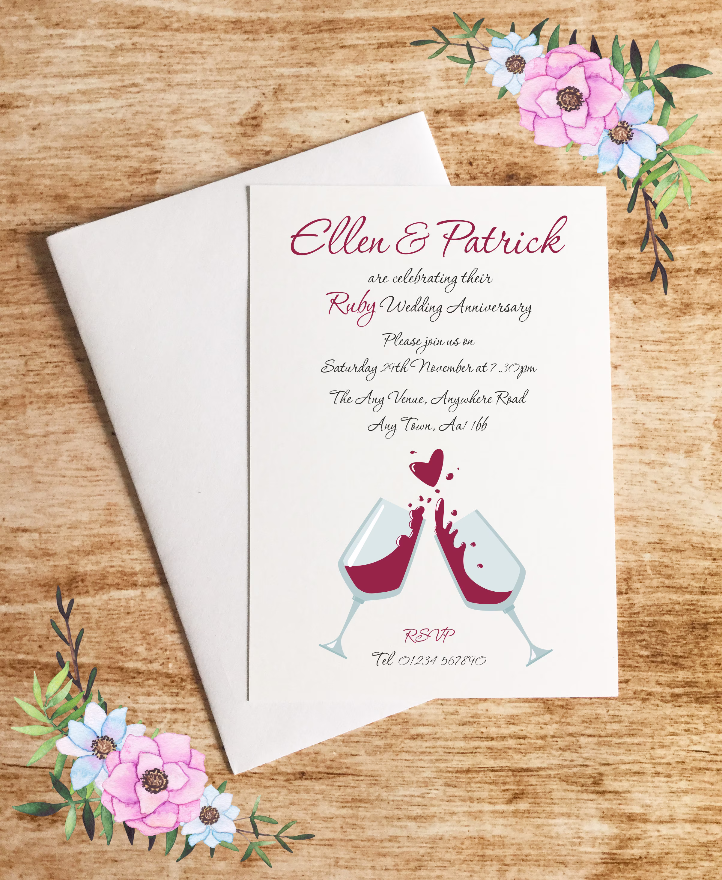 Personalised Ruby Wedding Anniversary Invitations Envelopes Included