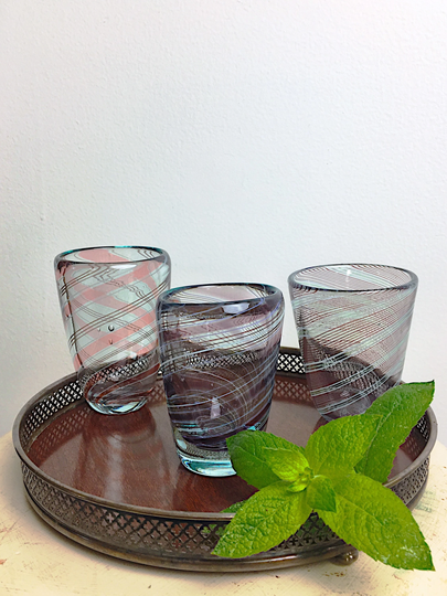 Vintage Blown Glass Tumblers, Holiday Drinks, Set Of Three Marble Swirl Art Glasses