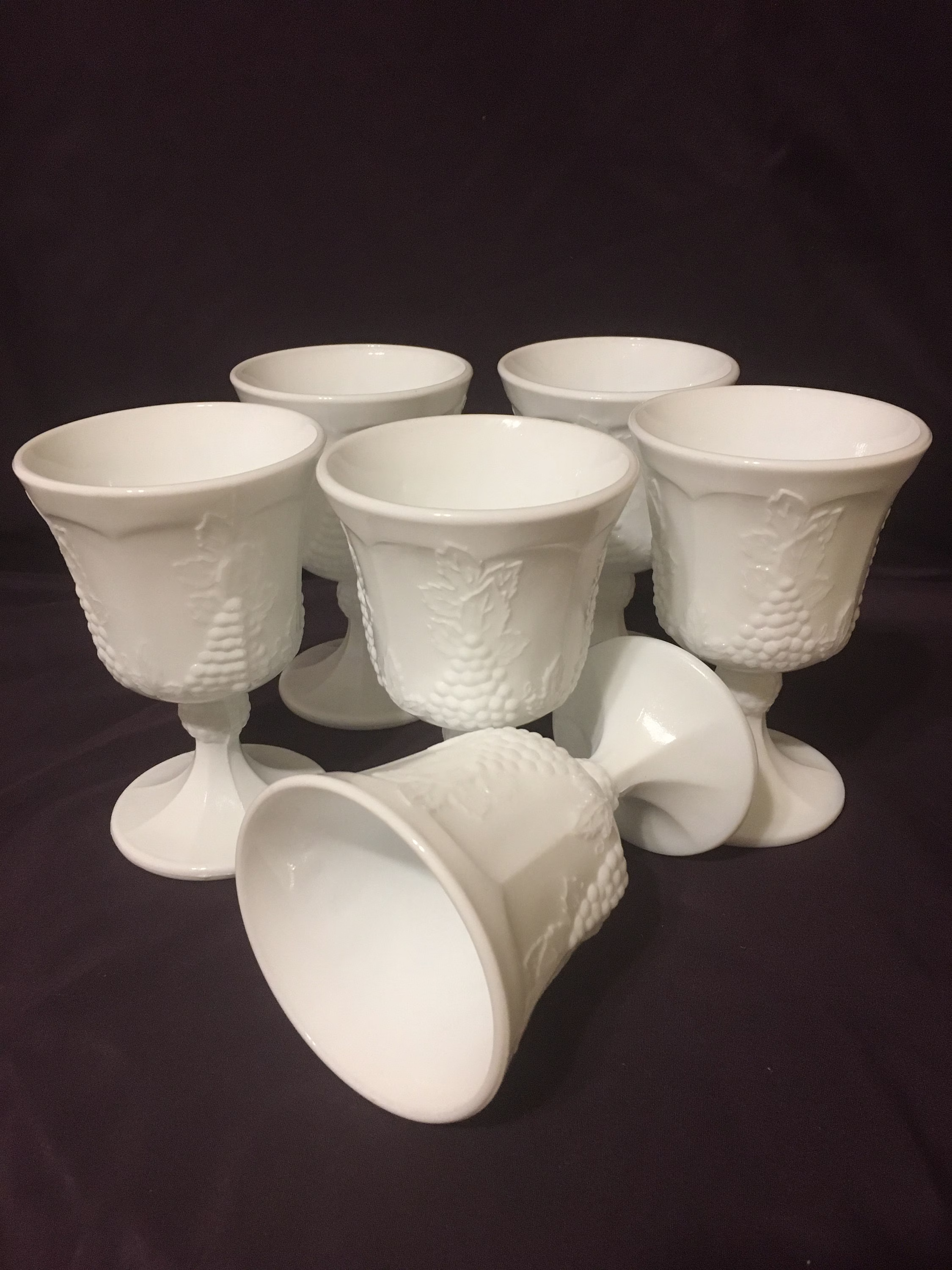 Milk Glass Stemware Water Goblets Wine Grape Leaf Motif Mcm Barware Kitchenware Glassware 1960's 5 1/4 High By 3 3/8