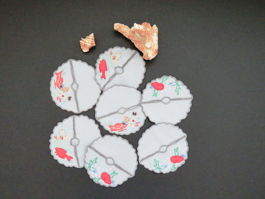 Vintage Hand Embroidered Linen Wine Slippers - Set Of 7 Baby Blue Seaside Theme Tropical Fish Clams Bubbles Cocktail Bar Coasters Gift