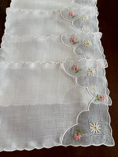 Cocktail Napkin Sets, Your Choice, White Linen Organdy, Blue Swan, On Or Pink Floral Embroidery Fancy Table Decor