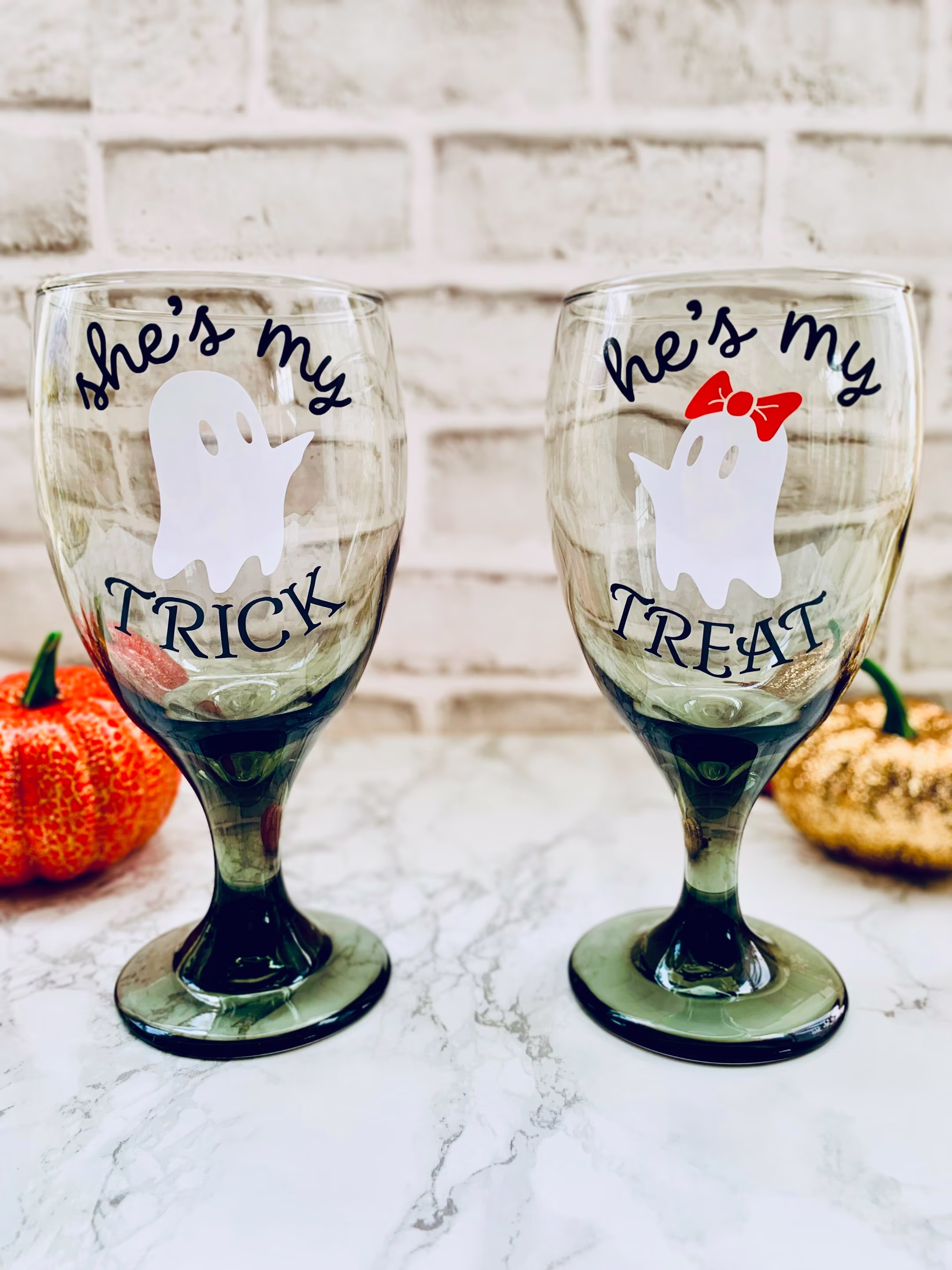 Halloween Wine Glass Set, His & Her Goblet Set Of Two, She's My Trick He's Treat Ghost Glasses