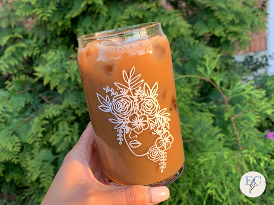 Flower Iced Coffee Beer Can Glass, Floral Women Cup, Glass Soda Mothers Day Gift