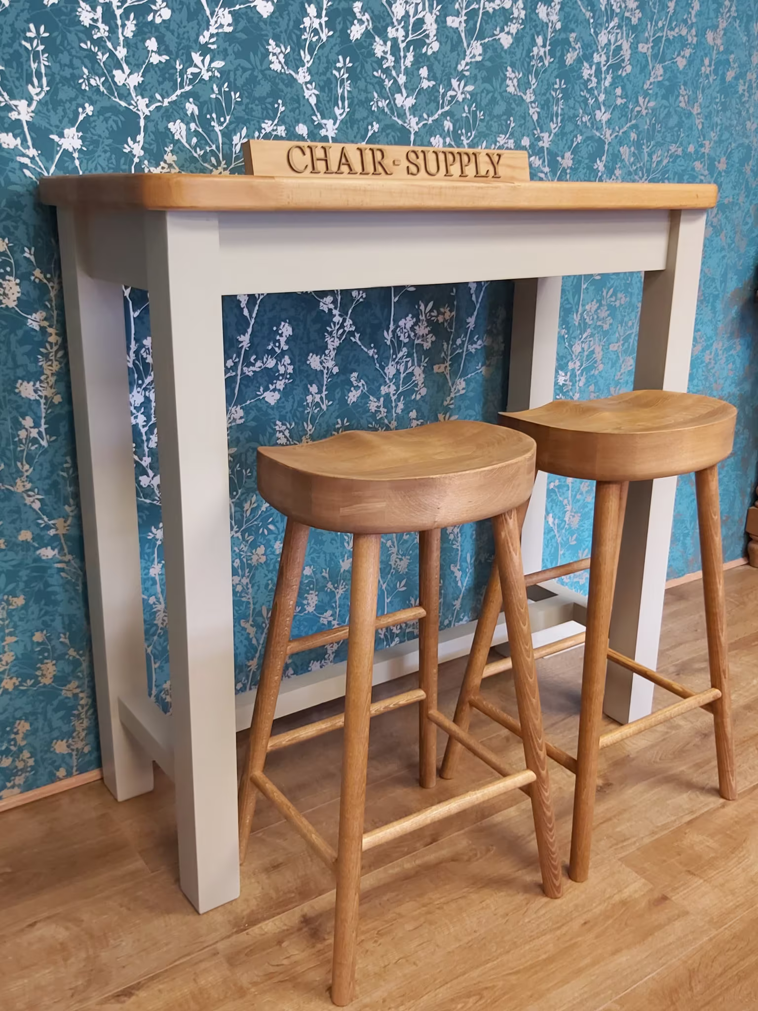 2 Seater Made To Order Set Of High Kitchen Breakfast Bar Table Unit With Matching Shaker's Style Bum Stools in Solid Beech