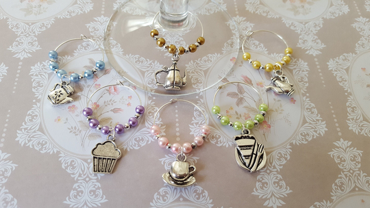 Tea Party Wine Glass Charms Set Of 6 Multicoloured Quirky Gift