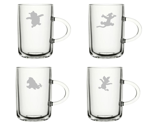 Winnie The Pooh, Tigger, Piglet, Eeyore Set Of 4 Tea Glasses Mug Coffee Glass - Hand Etched Glass