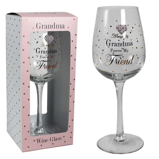 Mad Dots Gift Boxed Wine Glass with Wording & Diamante Heart - Grandma