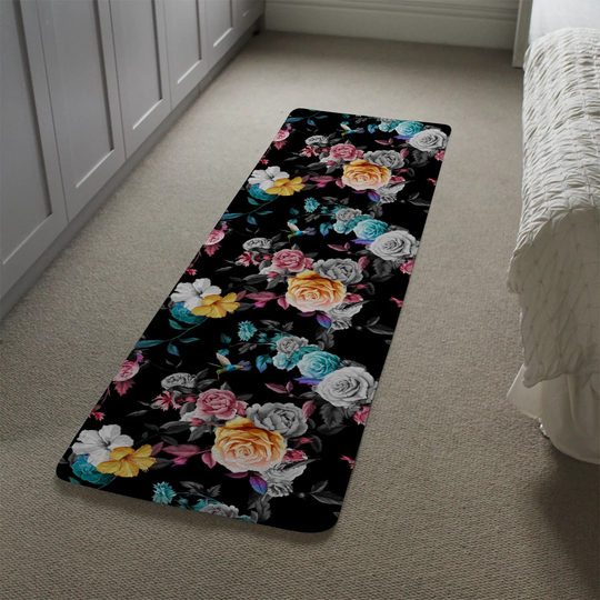 Kernan Humming Bird, Roses, Peony with Leaves Designer Shaggy Black/Blue/Yellow Rug