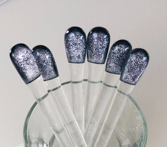 Silver Dichroic Fused Glass Swizzle Sticks, Set Of Six Wedding Stirrers Perfect For Parties Or As A Fathers Day Gift