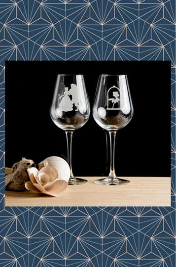 Set Of 2 Beauty & Beast Engraved Wine Glasses. Beautiful Etched Personalised With Any Name. Design Will Not Wear Off Like Vinyl.12