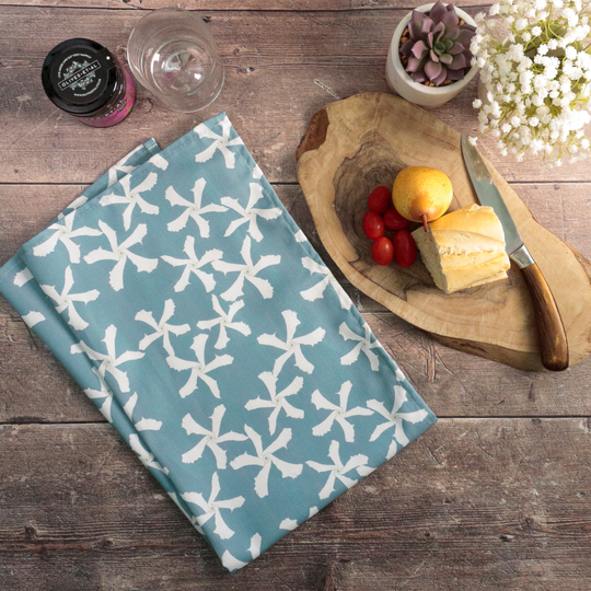Jasmine Flower 100% Cotton Tea Towel. Soft Natural Material. Arts & Crafts Home. Aqua White Floral Made in England 47x72cm