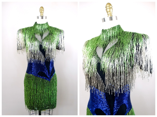 Haute Couture Fringe Beaded Mini Dress // All Over Fringed Small S