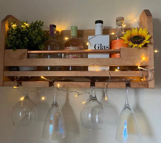 Wall Mounted Pine Handcrafted Drinks Rack Home Bar Glass & Bottle Shelf Detailing Copper To Front - Small 600mm Long Holds 4 Glasses