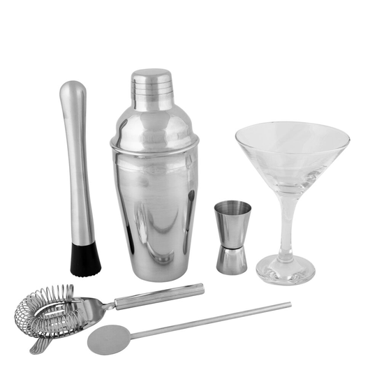 Boston Cocktail Shaker & Martini Glasses Set Strainer Jigger Spoon Knives Black