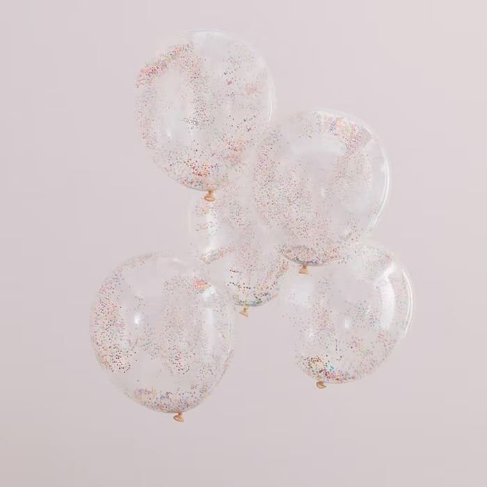 5 Rainbow Confetti Balloons, Clear Neutral Baby Shower, Girl, Boy, Birthday Party Wedding Decor, Hen Party, Tea