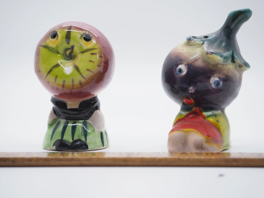 Vintage Kitschy Apple & Eggplant Salt Pepper Shakers, Marked Japan
