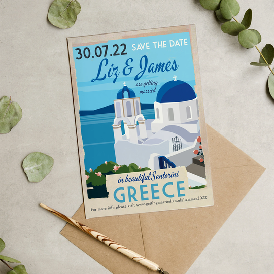 Santorini Retro Postcard Destination Wedding Save The Date Cards & Envelopes