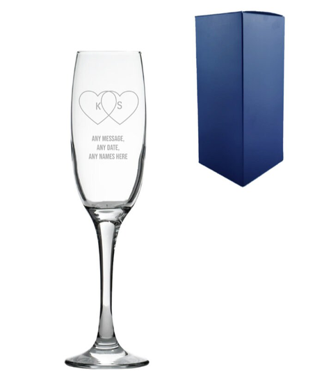Personalised Engraved Love Hearts , Initials Any Message Champagne Flute & Gift Box Valentines Day Christmas Anniversary Wedding