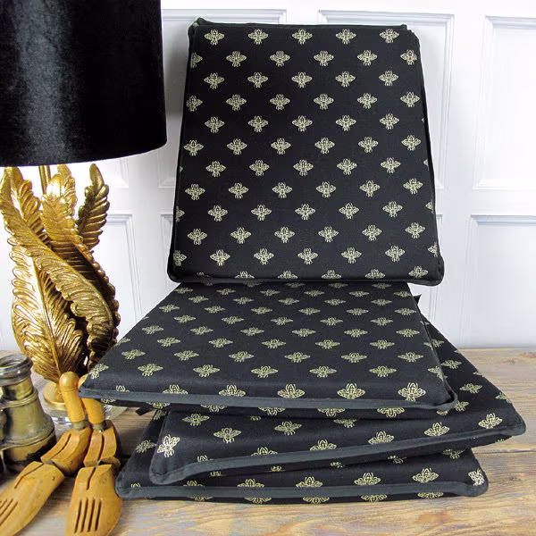 Set Of 4, 6 Or 8 Gold Bees Tapered Chair Seat Pads, Pad, Black & Gold Tapered Kitchen Chair Pad, Bistro Patio Cushion Pad
