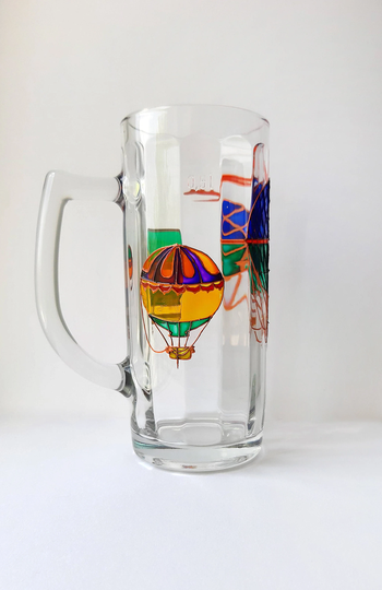 Hot Air Balloon Beer Mug, Hand Painted Glass, Glass Mug
