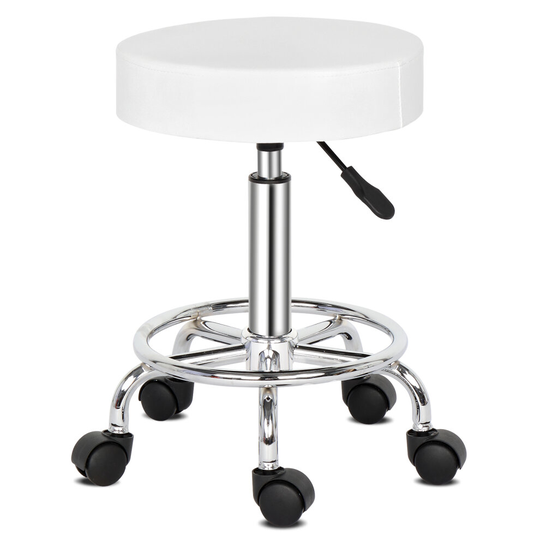 (White) Height Adjustable Swivel Round Salon Stool Bar Rolling Chair