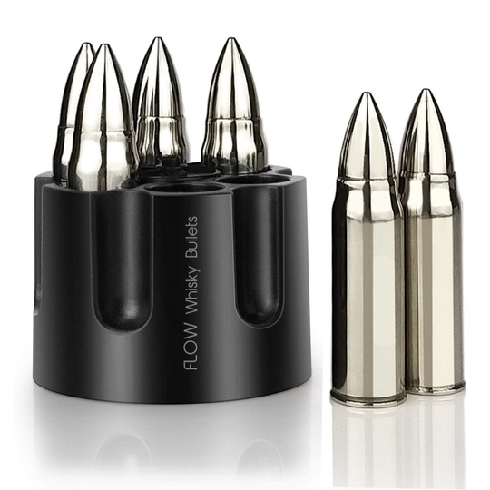 Flow XL Whisky Bullets with Revolver Ammo Storage Holder, Reusable Metal Ice Cubes Shapped Like Bullets