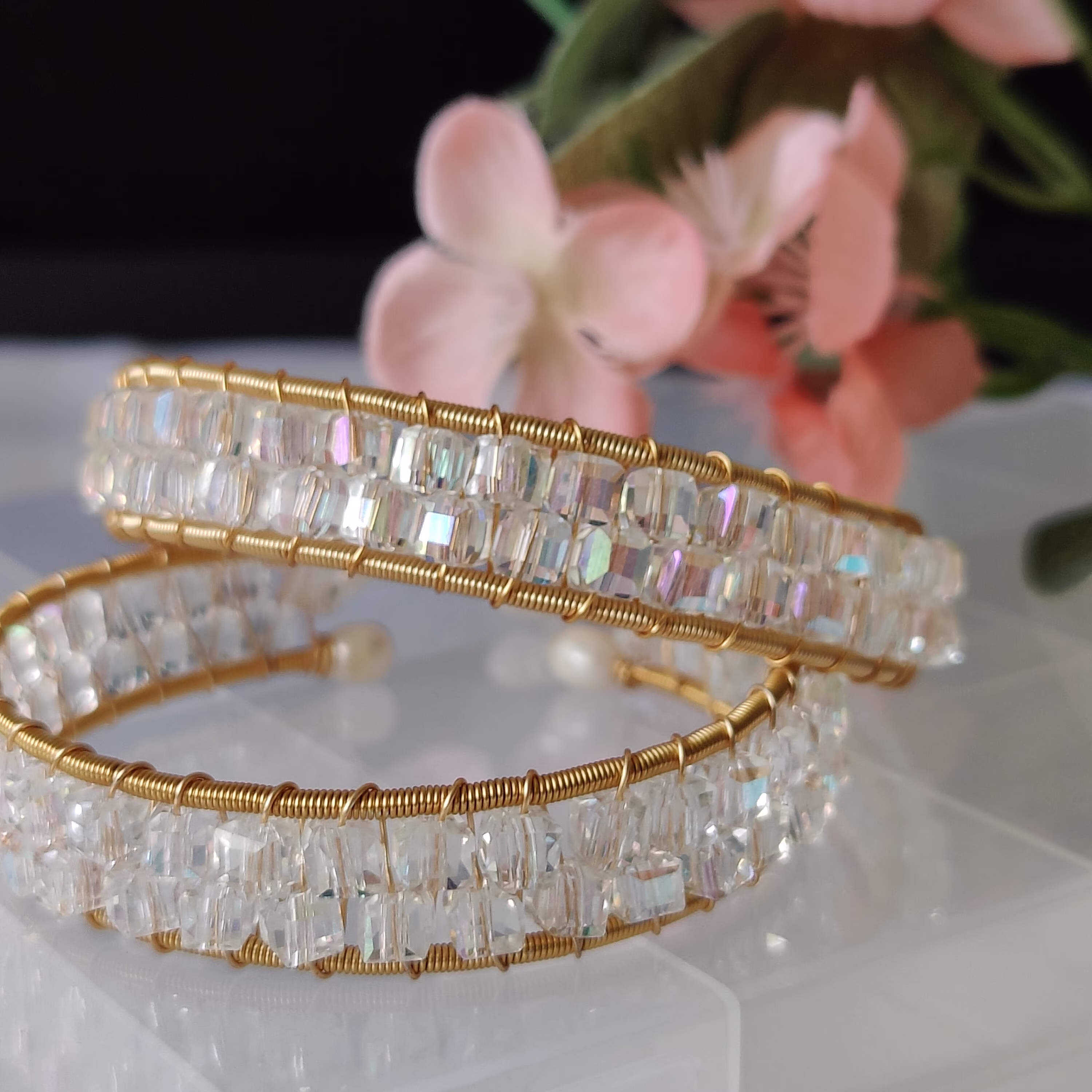 Dainty Austria Crystal Cuff Bracelet,14K Gold Wire Bracelet, Ice Cube Bracel, White Bracelet, For Woman