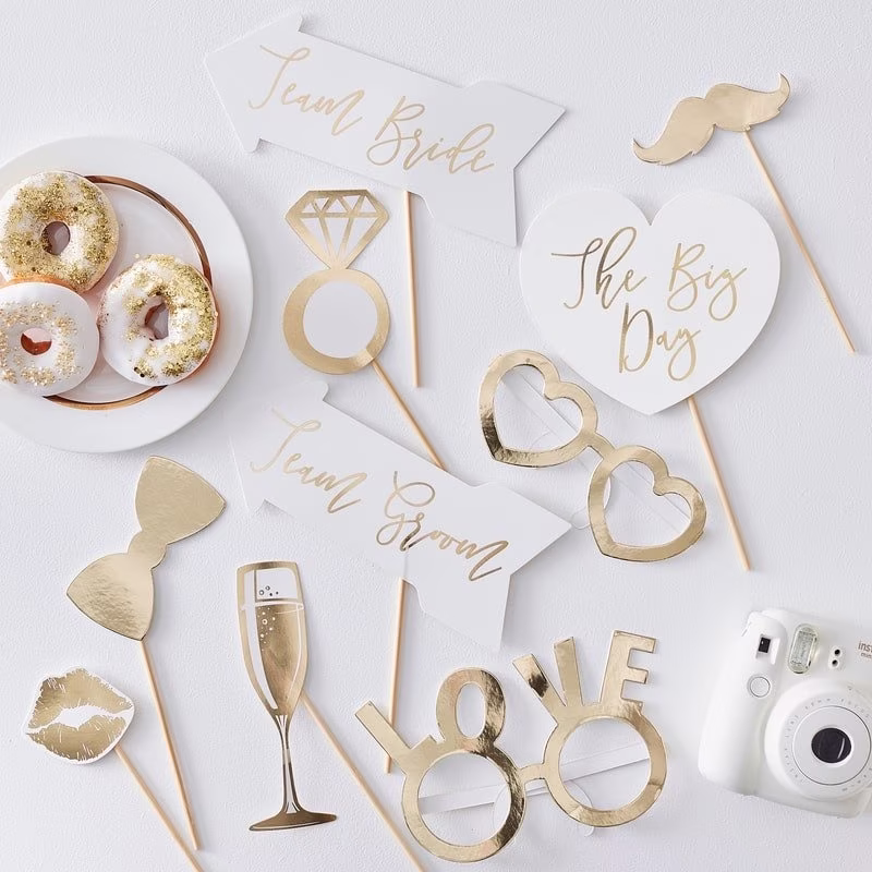 Wedding Photo Booth Props - Gold & White Table Pack Of 10