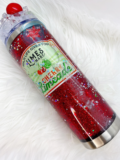 Cherry Limeade Snowglobe Tumbler With Permanent Crushed Ice Topper & Realistic Lime & Garnish | Cocktail Shaker Flow Cup