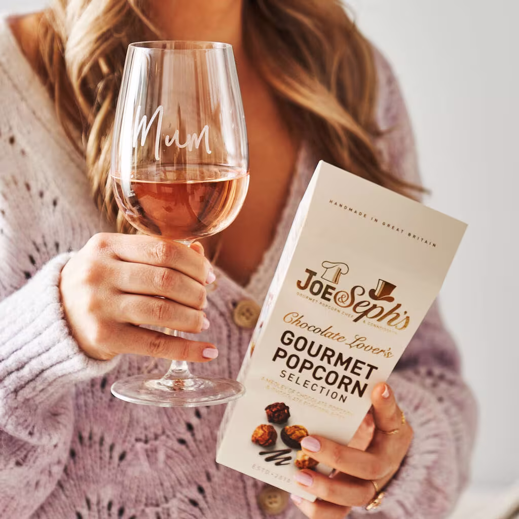 Personalised Chocolate Box Popcorn & Wine Glass Gift