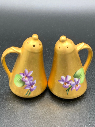 Vintage Salt & Pepper Shakers - Gold Pear Shaped With Purple Hand Painted Flowers Very Pretty
