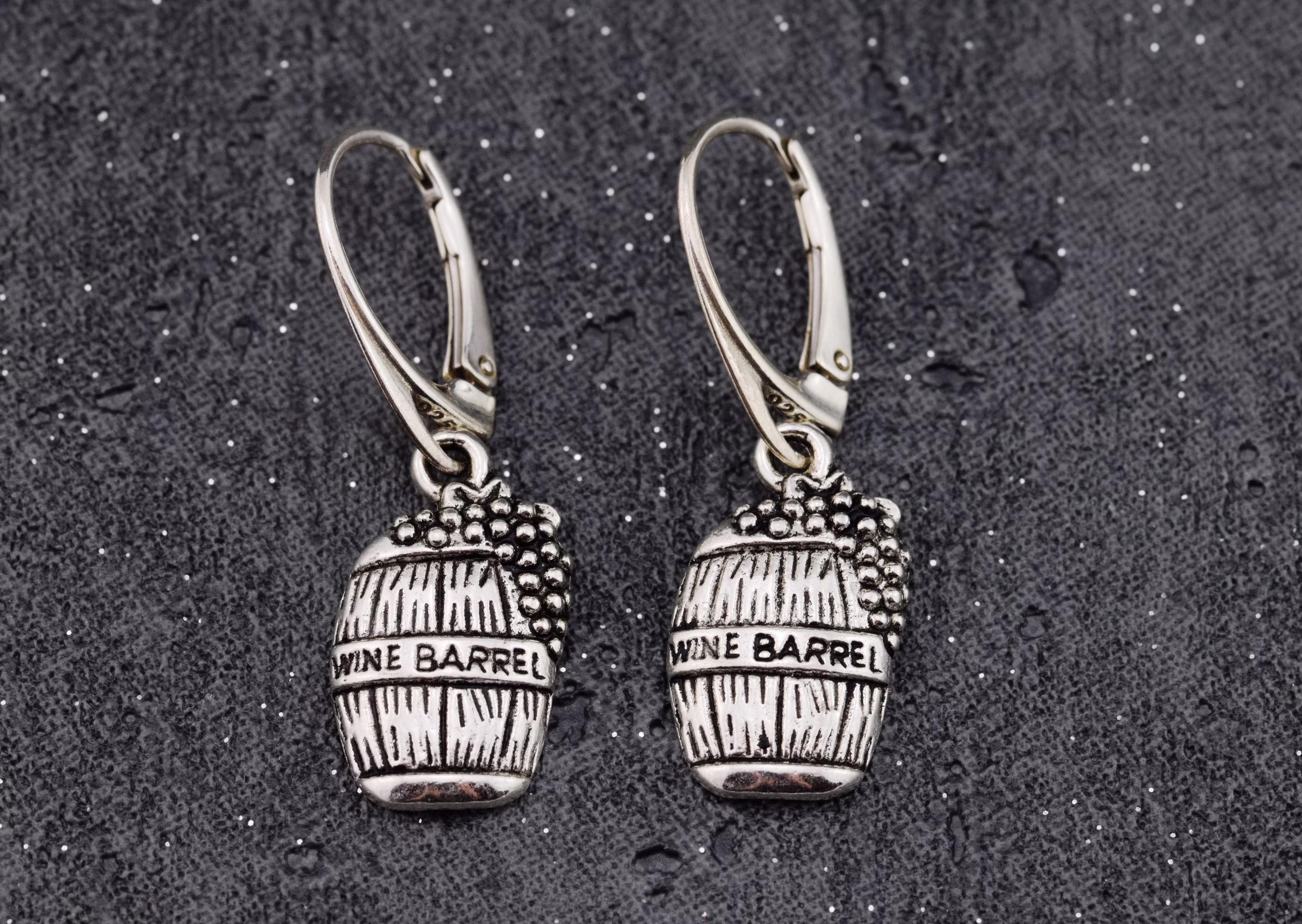 Wine Barrel Earrings, Drop Sterling Silver Hook Metal Wine Charm, Dangle Party Earrings