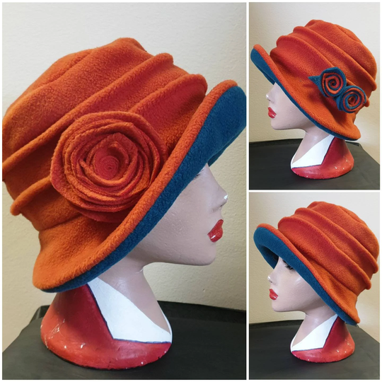 Burnt Orange/Teal Fleece Hat - Lined With Polar Fleece-Downton Abbey Hat-Womens Hat-Rust Fleece-Burnt Orange Hat-Orange Hat