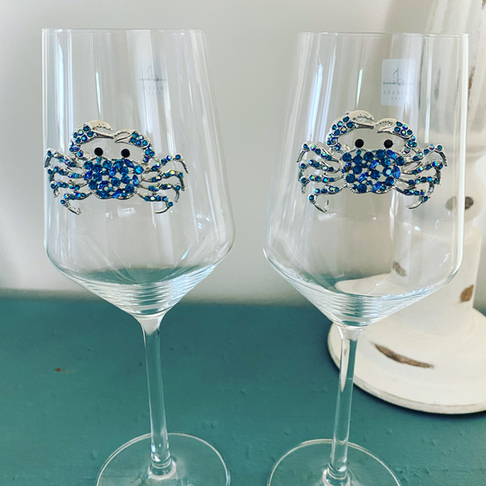 Set Of 2 Gorgeous Crab Stemmed Wine Glasses, Beach Theme Rhinestone Crystal Blue Glass Set, Sea Lover Gift