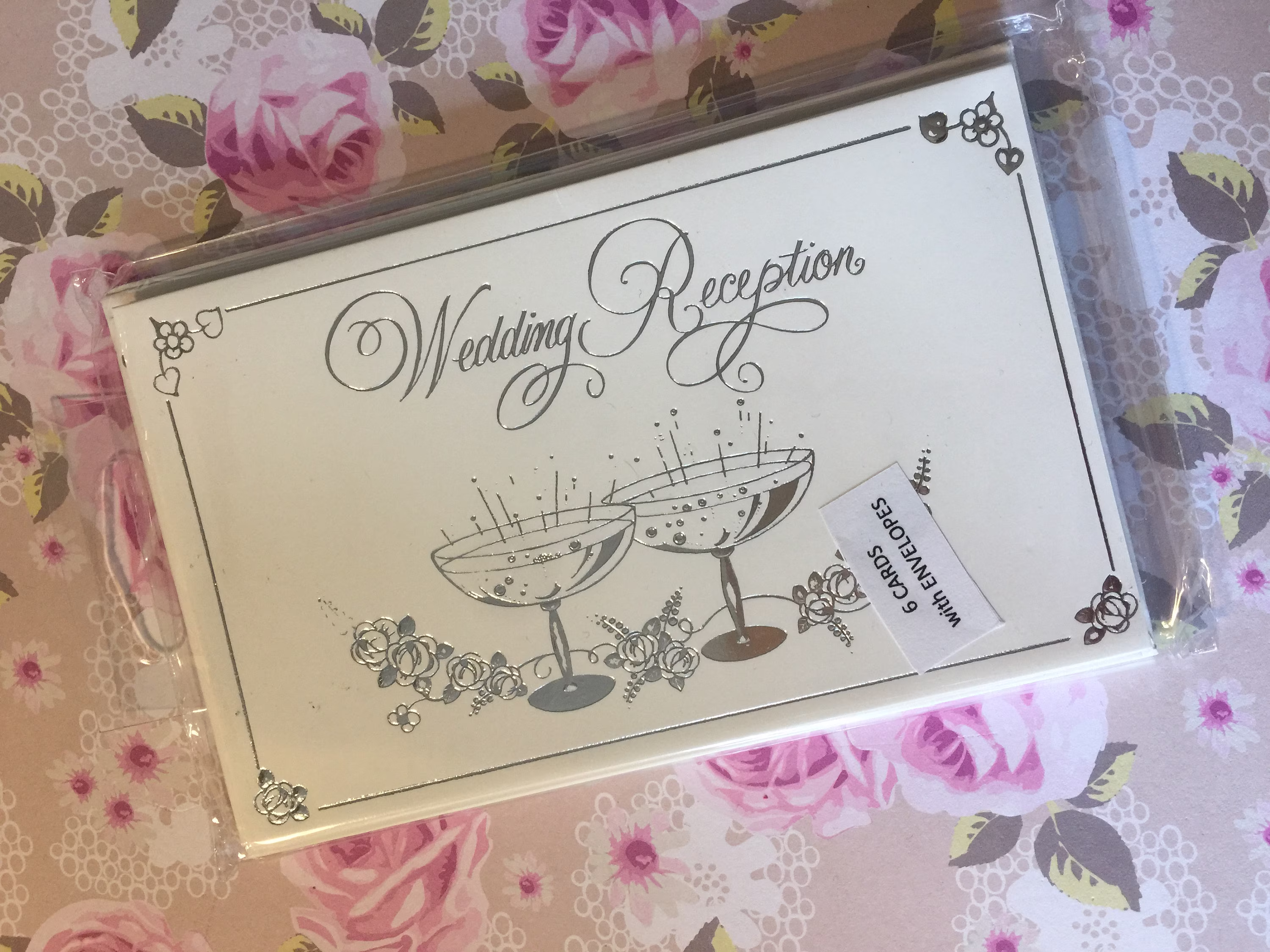 Rare Fabulous Vintage Circa 1970S Wedding Reception Invitations 6 Cards With Envelopes Silver Embossed Champagne Glasses Design -Nostalgic