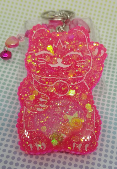 Neon Pink Lucky Cat Wet Shaker Keychain Or Backpack/Purse Clip