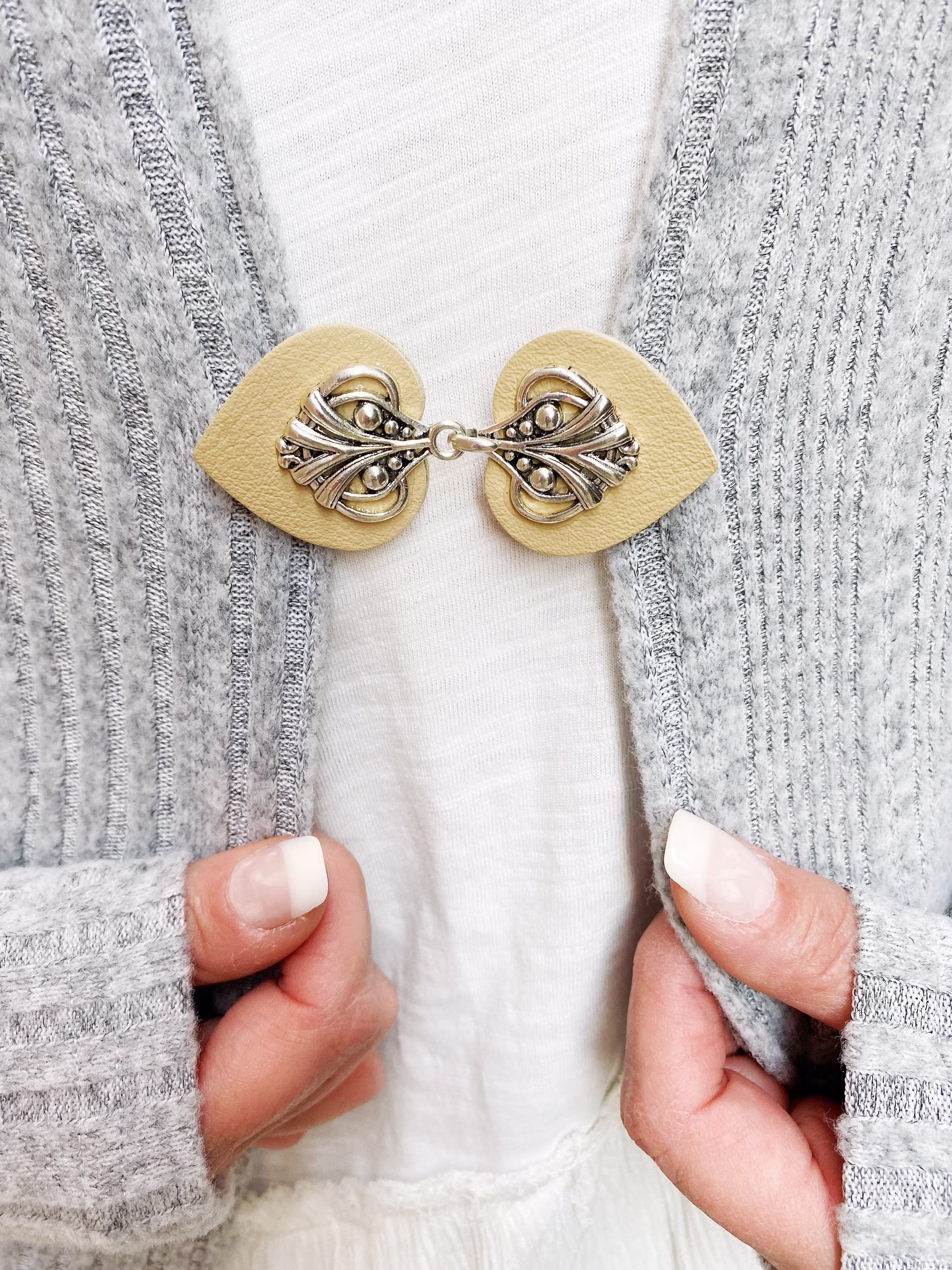 Cinch Clip | Waist Cincher Silver On Beige Leather Dress Clips Cloak Clasp Cardigan Unique Gift No Slip Kardiklips