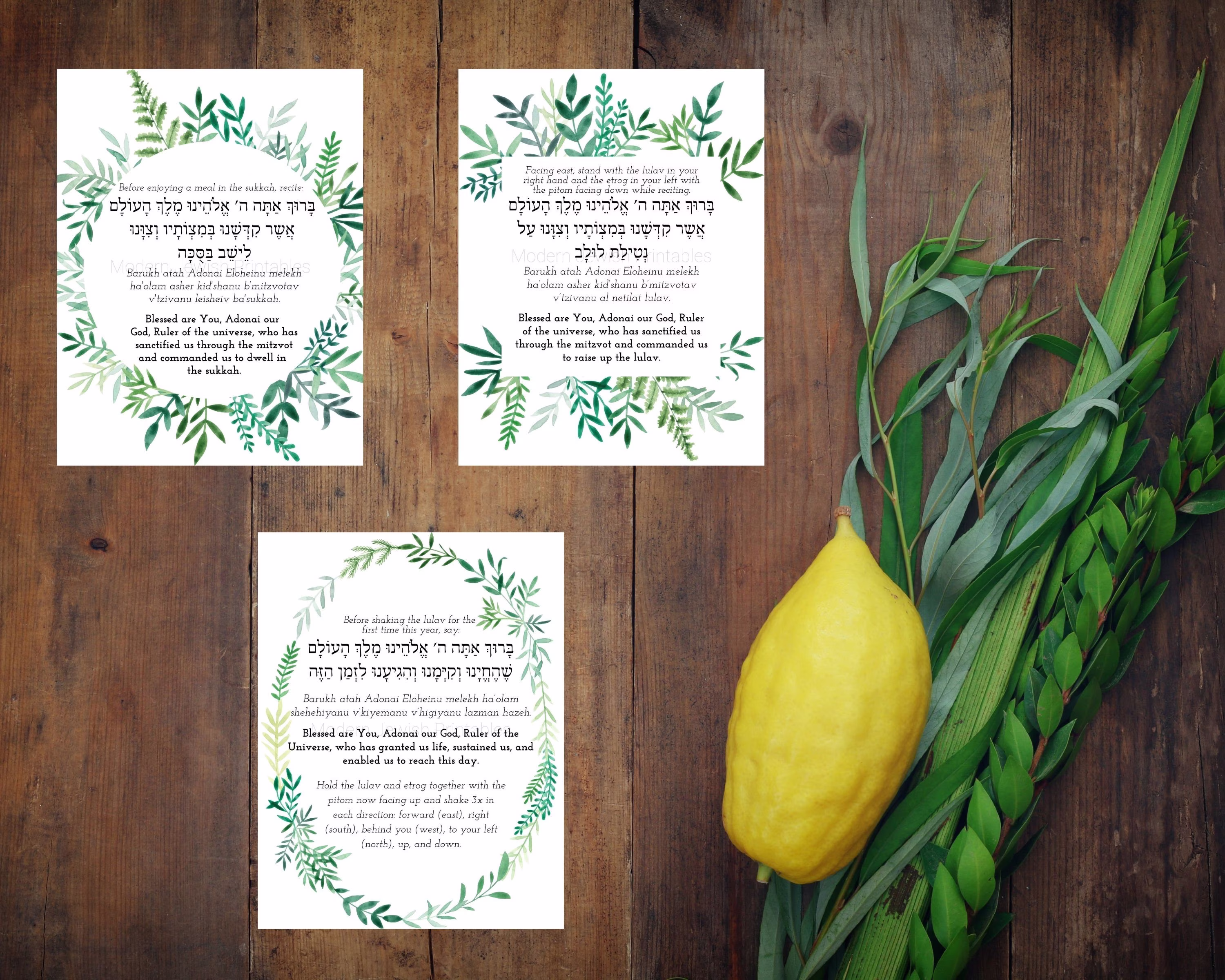 Sukkot Blessings Printed & Laminated With Frames Of Greenery