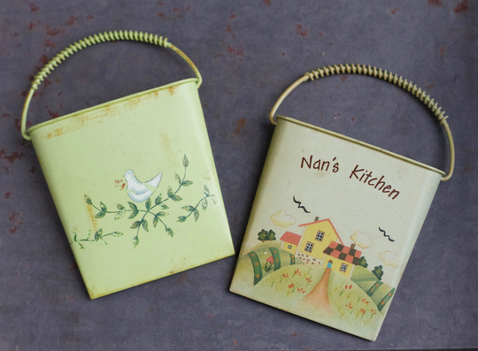 Pair Of Fridge Magnet Planters - Nan's Kitchen 2 Green Miniature Buckets Vintage Rustic Decor