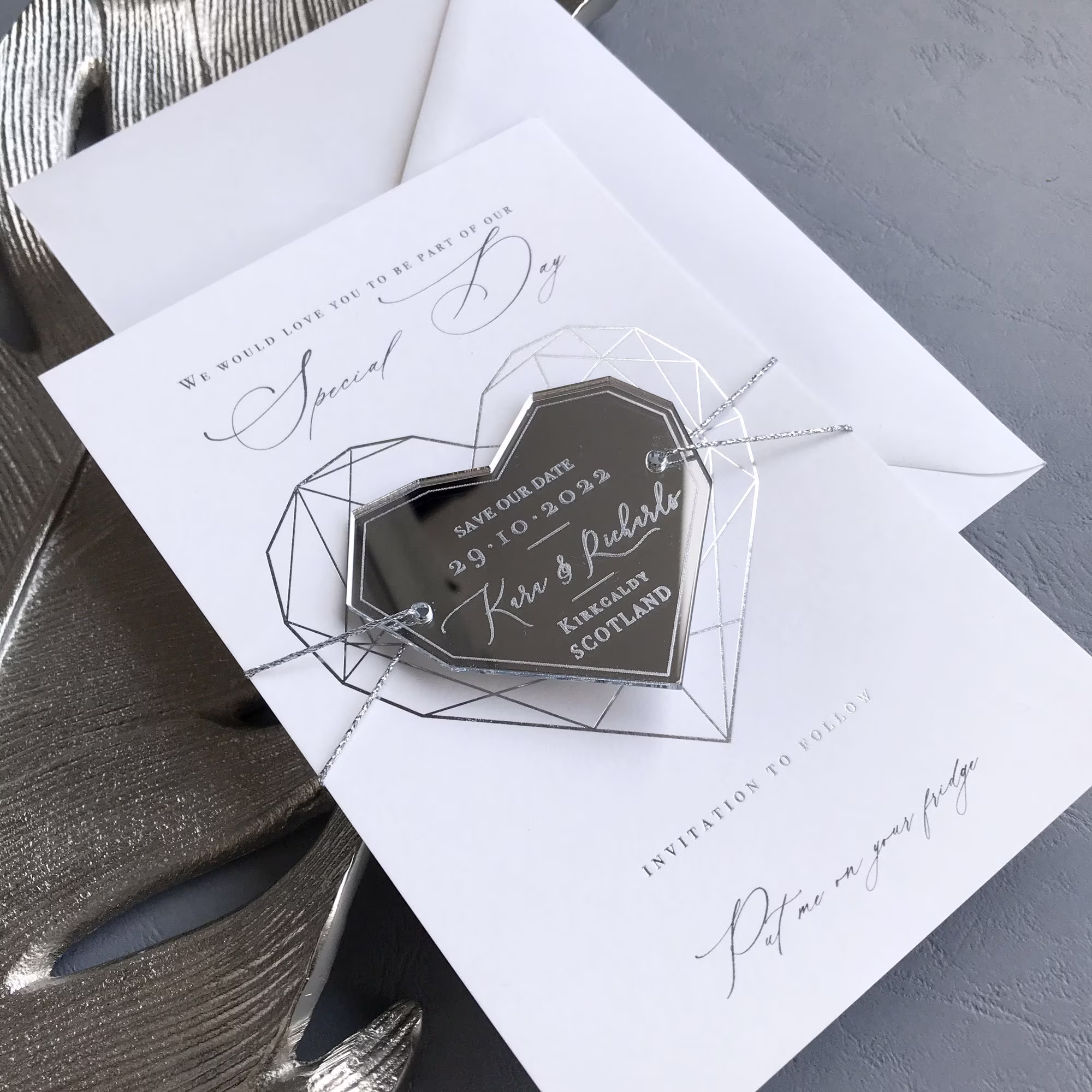 Modern Magnet Save The Date Silver Foil & Acrylic Geometric Heart , Fridge The Date Cards, Bespoke Wedding Cards With Envelopes