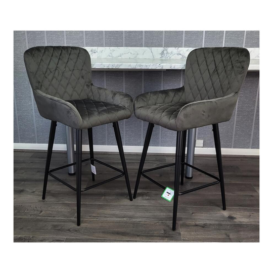 Set of 2 Dark Grey Velvet Bar Stools, Stunning Balmoral Bar Stools, Diamond Stitching