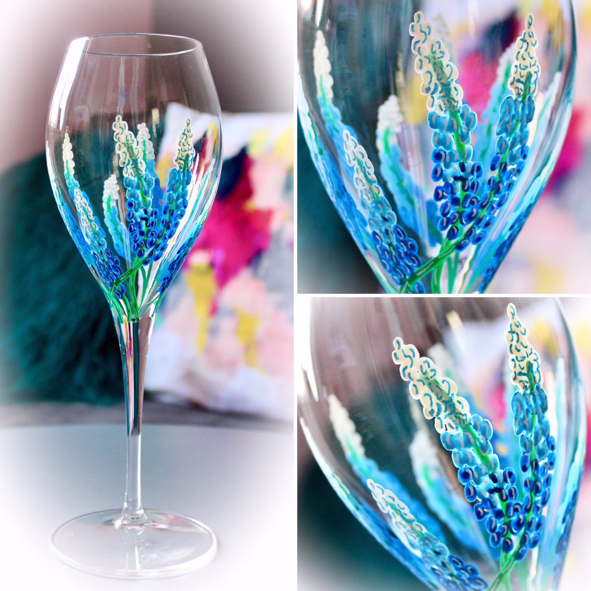 Blue Ombre Muscari Personalised Wine Glass, Hand Painted, Flower Design, Gift For Her, Birthday