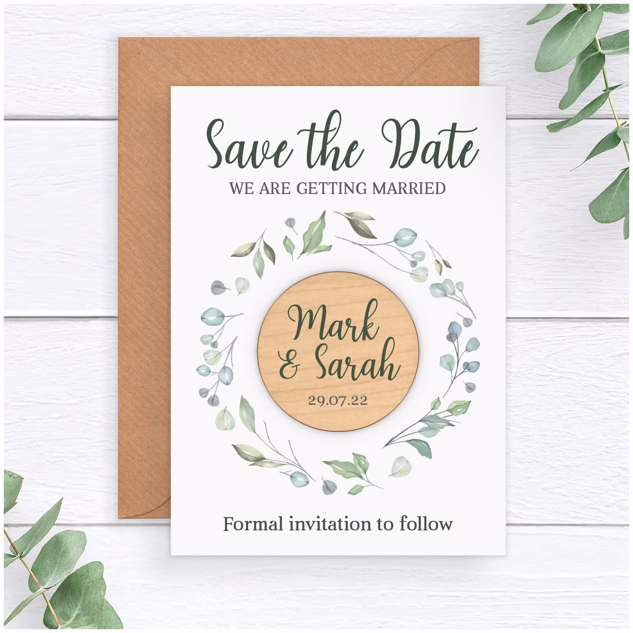 Wedding Save The Date Magnet Ideas - Personalised Rustic Wooden Fridge Magnets Eucalyptus Spring Summer Stationary