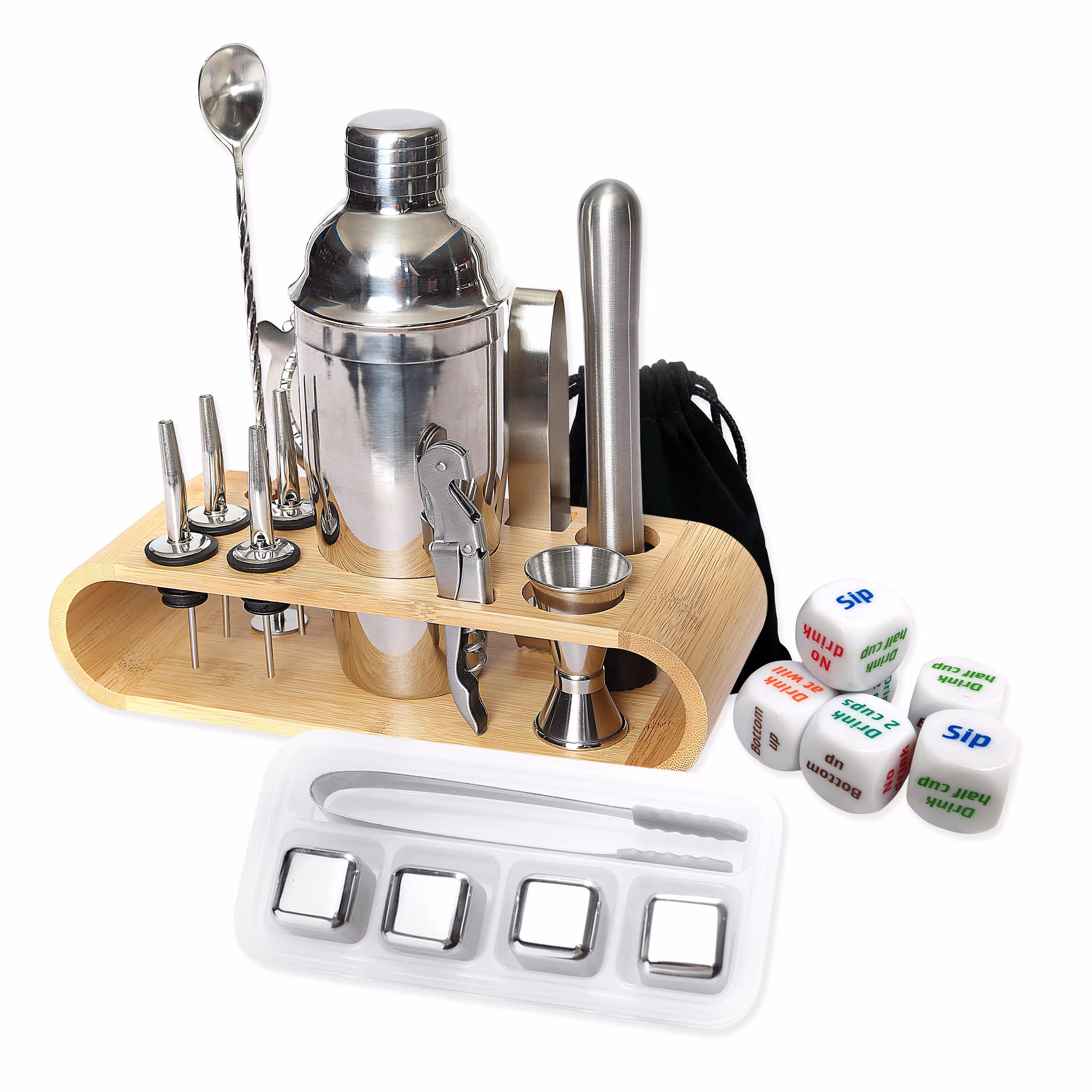 15-Piece Cocktail Boston Shaker Bar Tool Set With 4 Whiskey Stones & Stainless Steel Martini Bamboo Stand